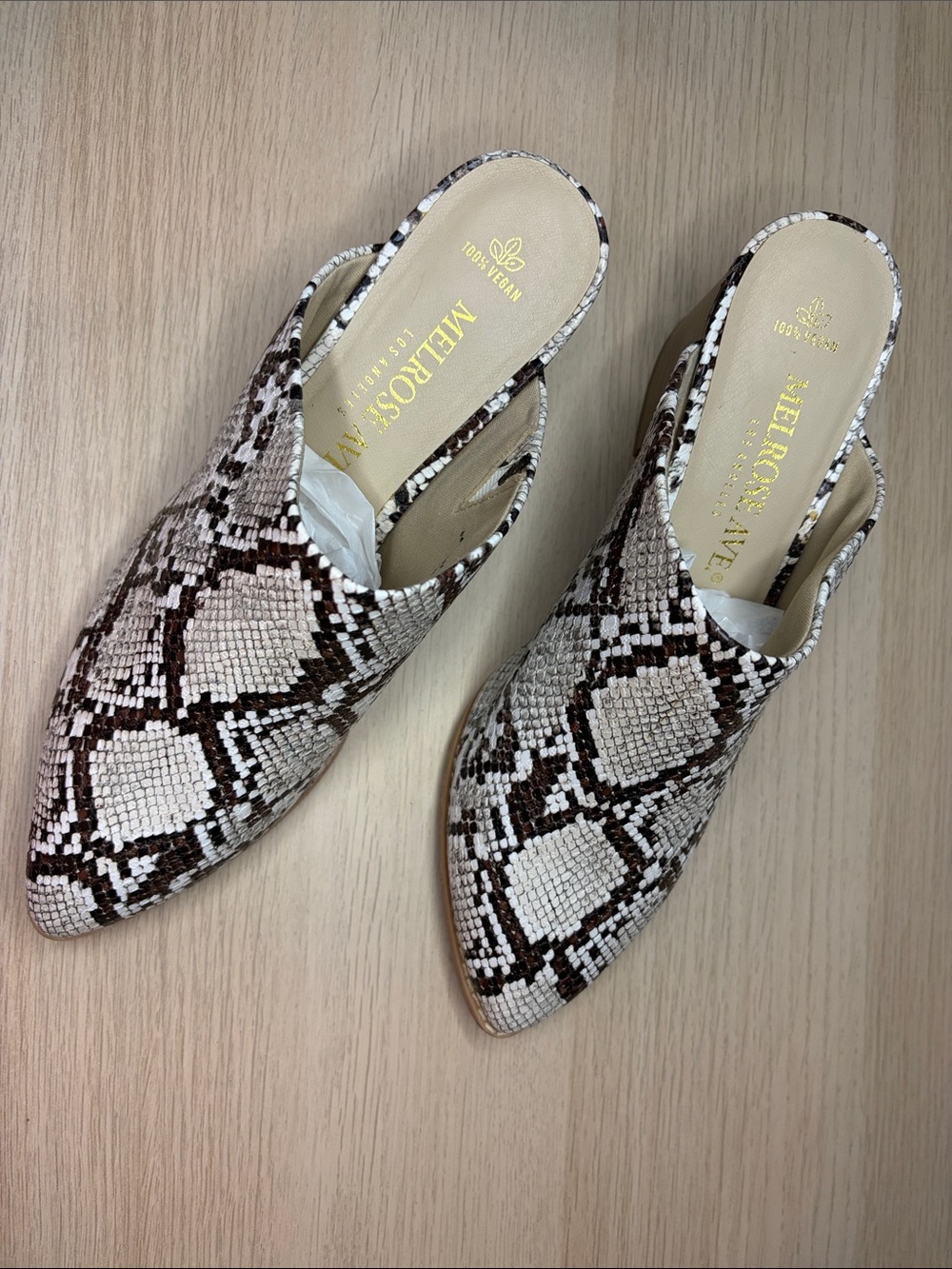 Melrose Ave. Snake-Print Slip-in Mules in White and Brown